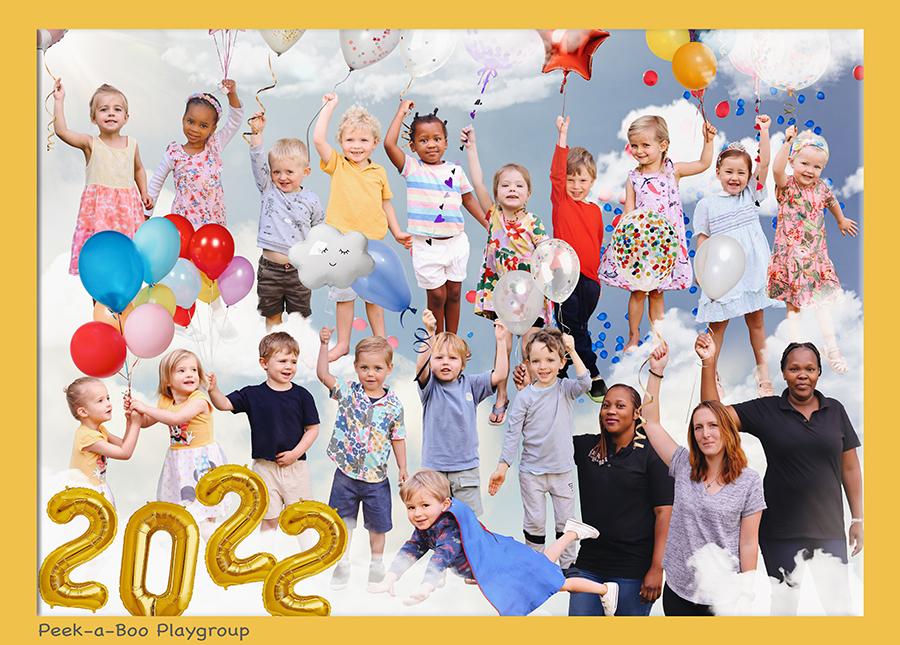class photo floating in the sky with ballons